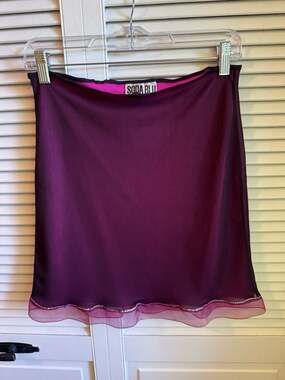 Soda Blu Vintage 90s Purple Mesh Mini Skirt with Ruffle Trim